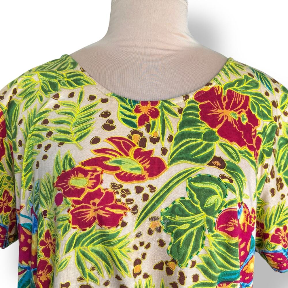 Vintage Tropical Parrot Floral Leopard Print Dress Beaded Boho Resort Vacation